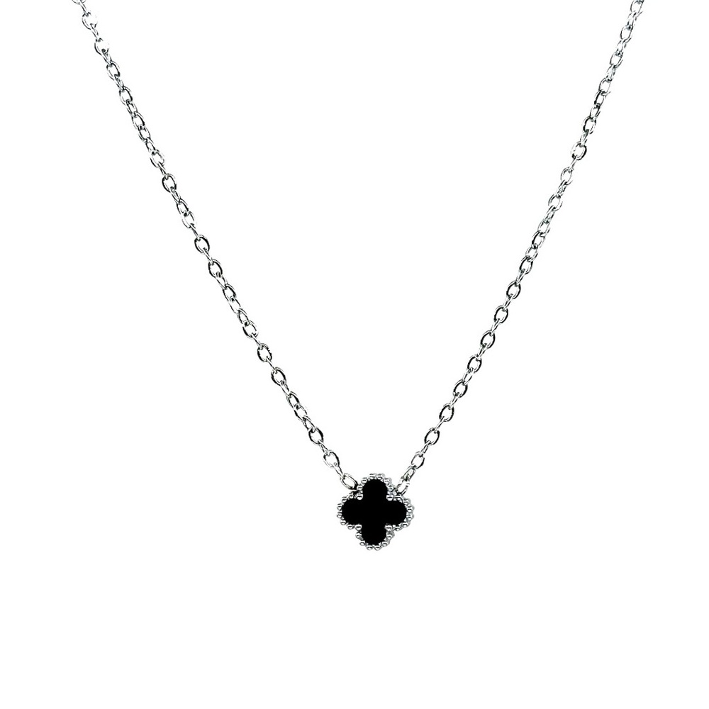 Petite Silver Black Onyx Clover Necklace Double Sided
